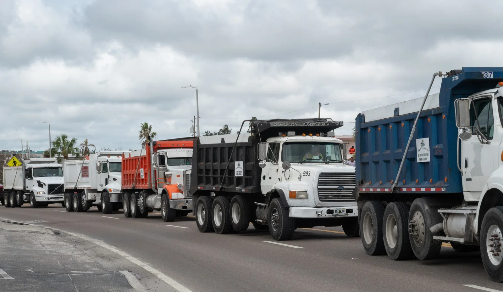 A line of dump trucks awaiting Hurricane Helene debris-removal work in Florida in 2024