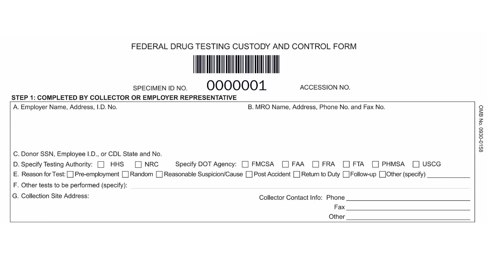 Unfilled first-page excerpt of the actual 2026 Federal Drug Testing Custody and Control Form, showing employer, MRO and pre-employment fields
